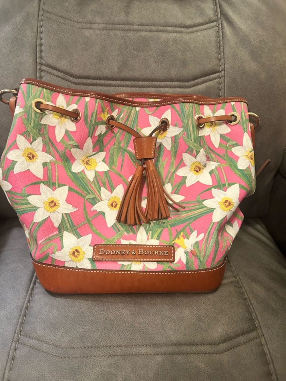 Dooney & Bourke Pink Floral Drawstring Shoulder Bag with Brown Trim
